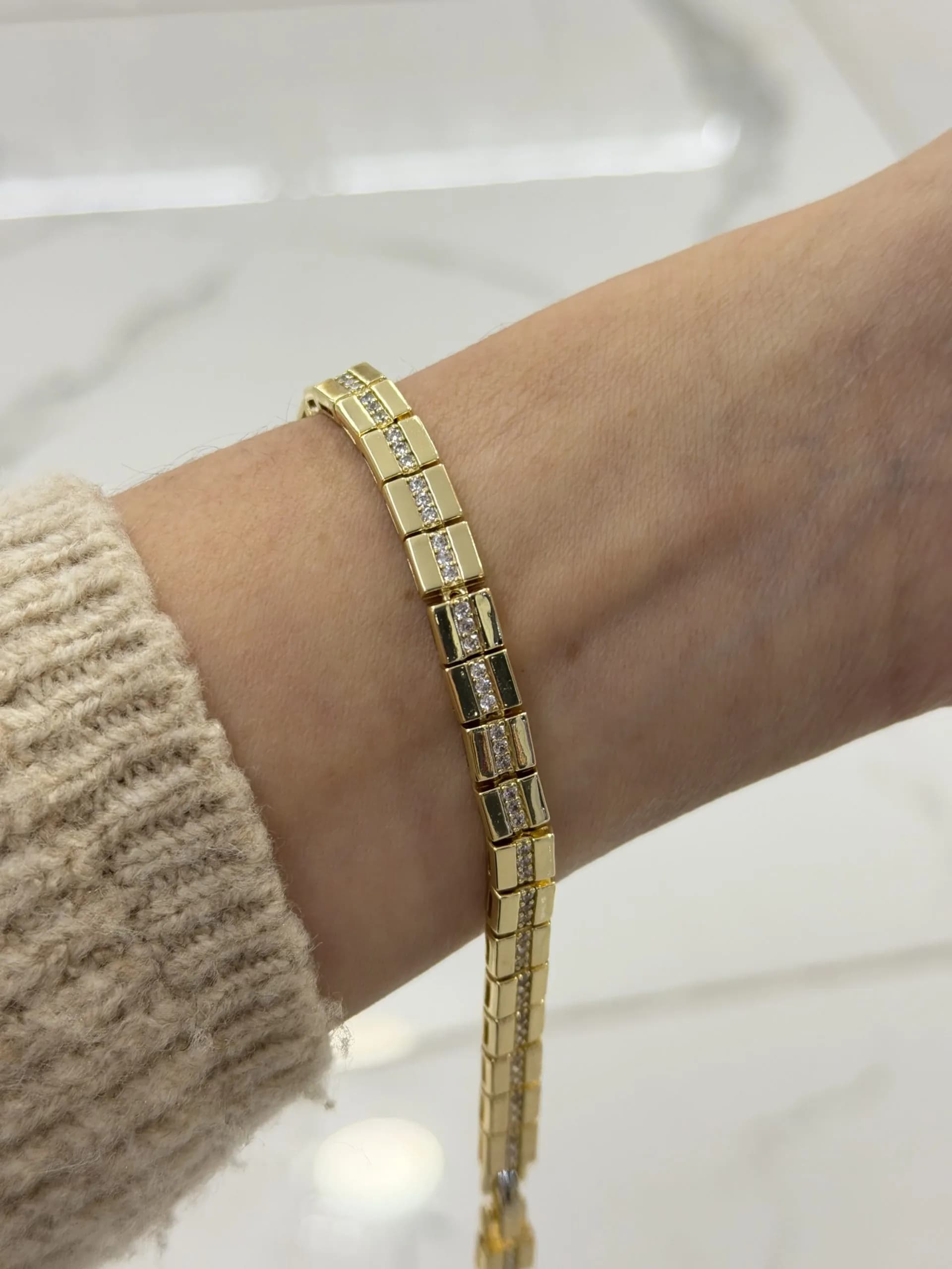 14K CM Altın Kaplama Kalın Çift Sıra Taşlı Bileklik 053