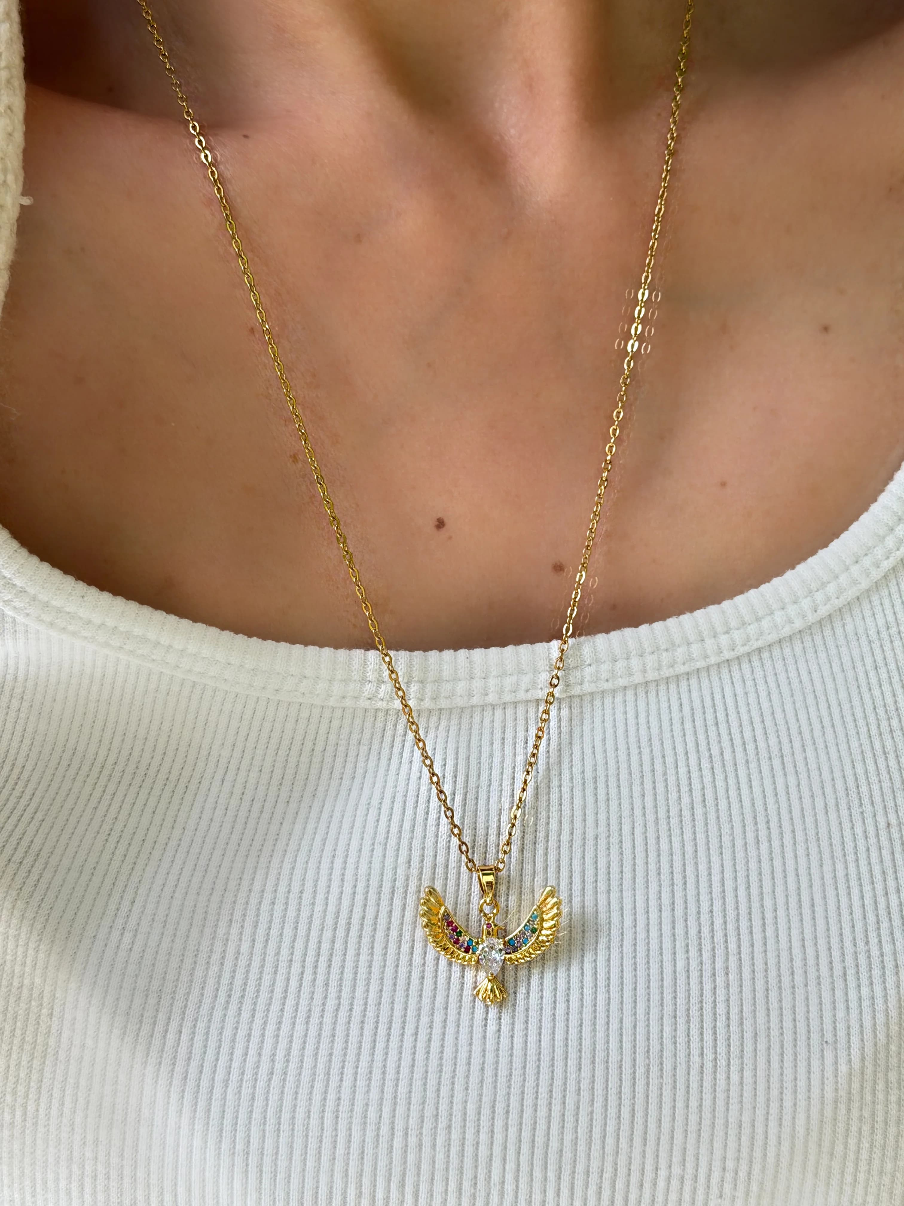 Çelik Renkli Taşlı Anka Kuşu Kolye Uzun 55 cm