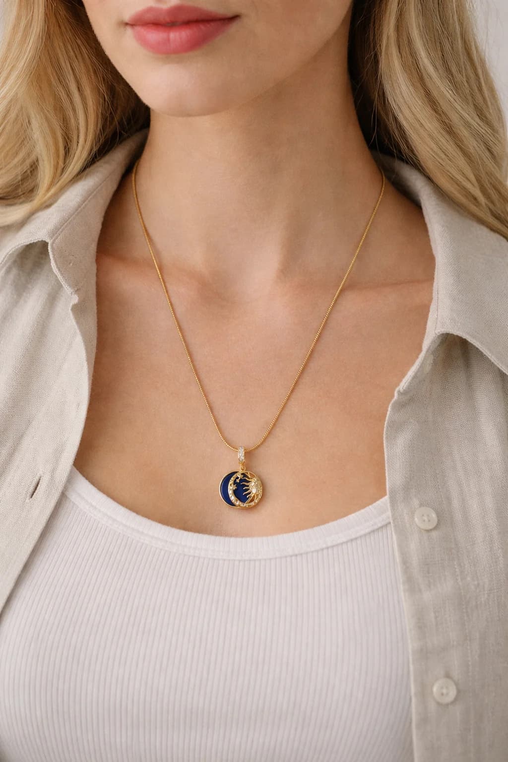 Çelik Yılan Zincir Güneş Ay Charmlı Kolye 60 cm