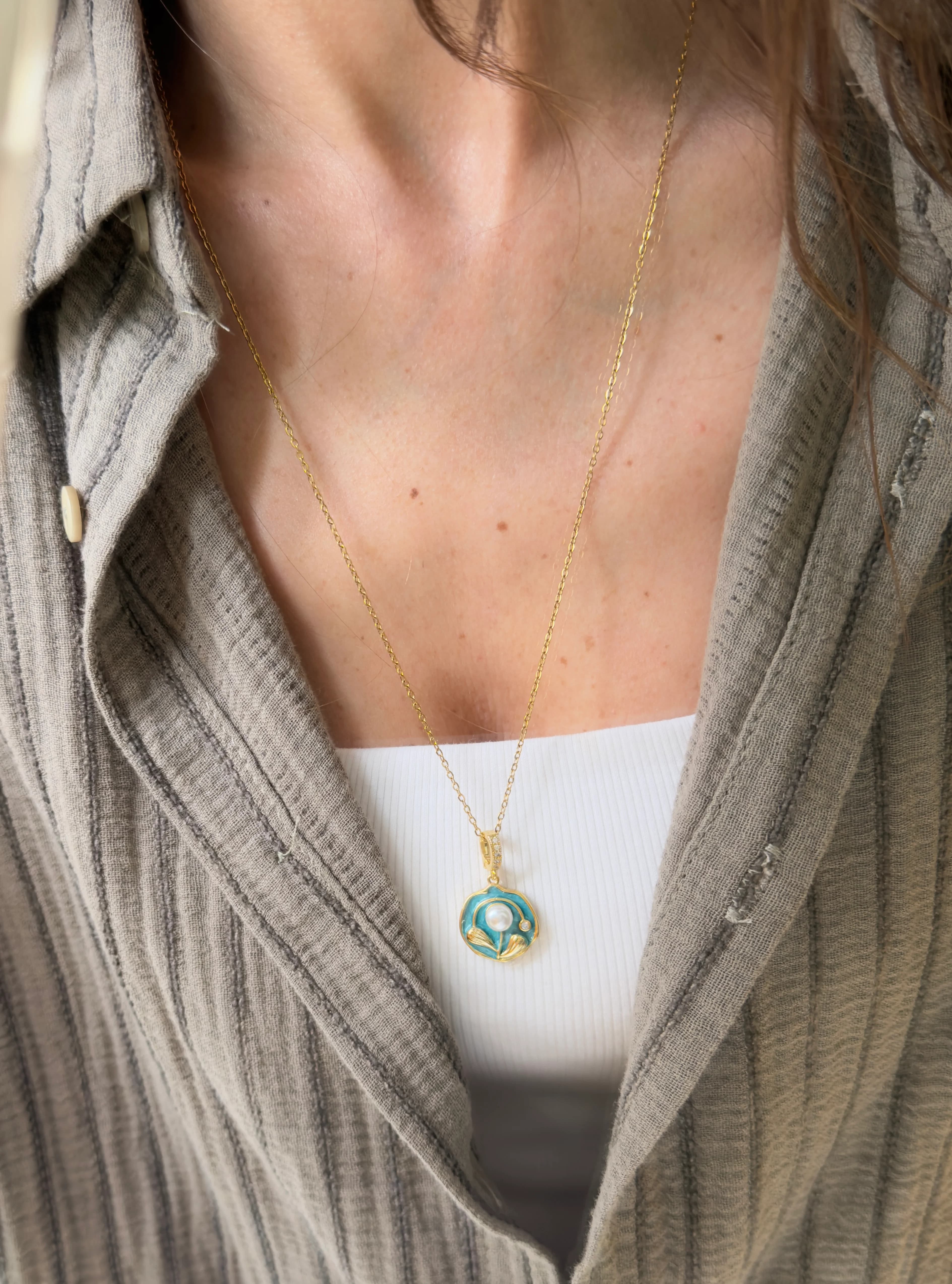 Çelik Uzun Petrol İncili Vintage Kolye