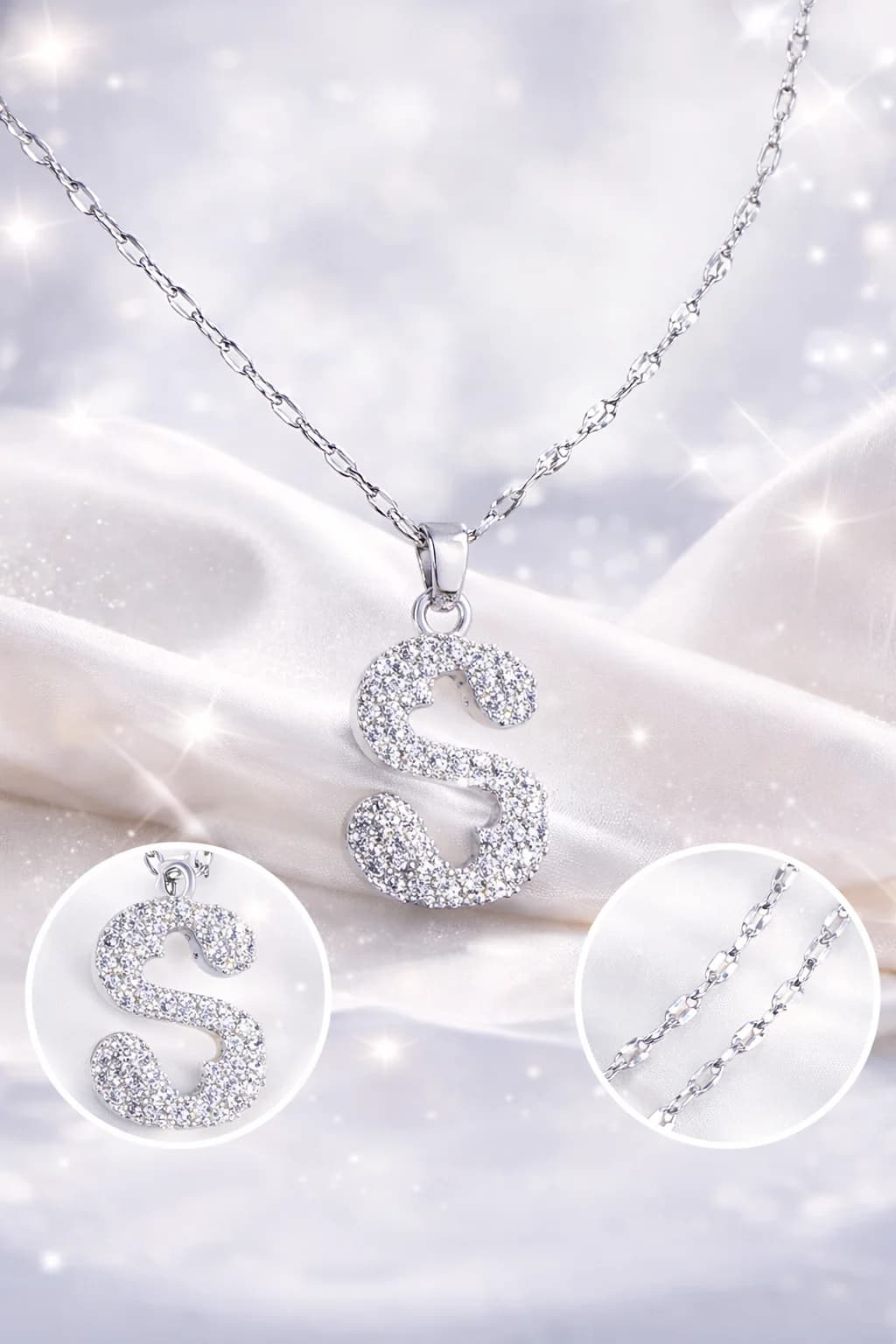 Çelik Gümüş Renk Taşlı Harf Kolye S