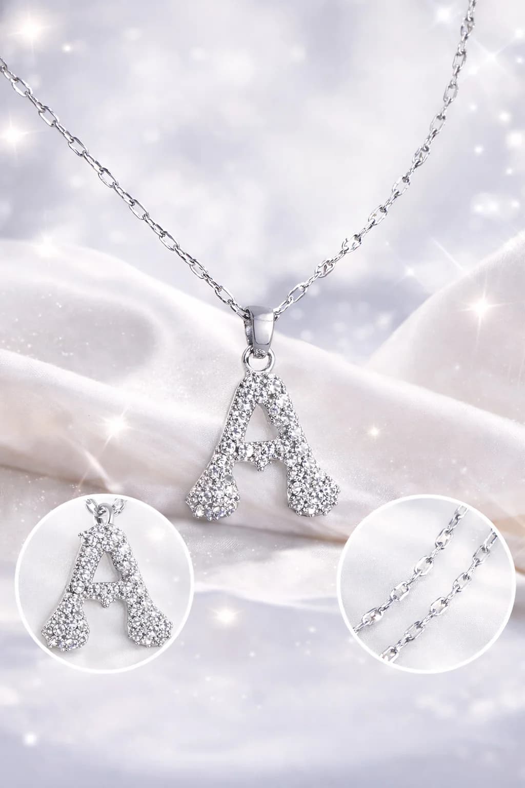 Çelik Gümüş Renk Taşlı Harf Kolye A
