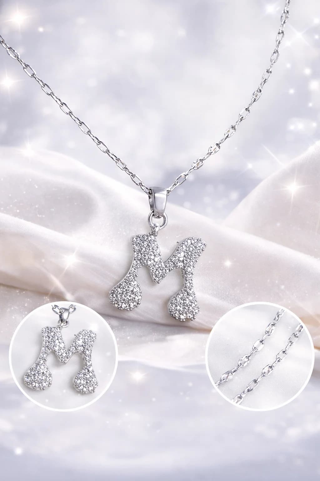 Çelik Gümüş Renk Taşlı Harf Kolye M