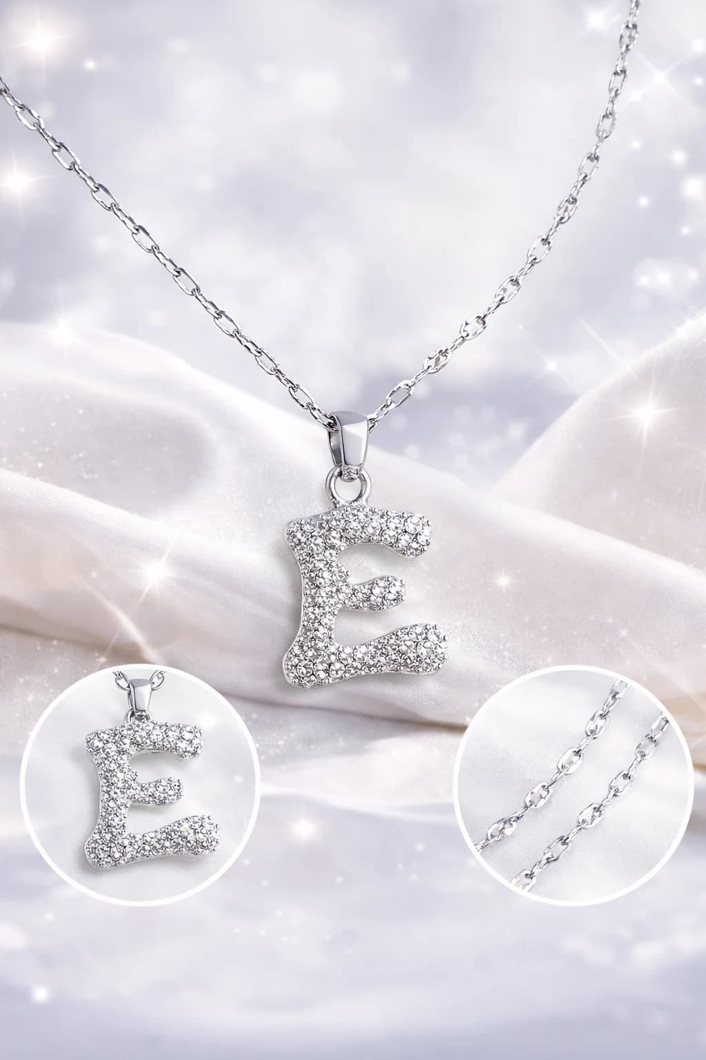 Çelik Gümüş Renk Taşlı Harf Kolye E