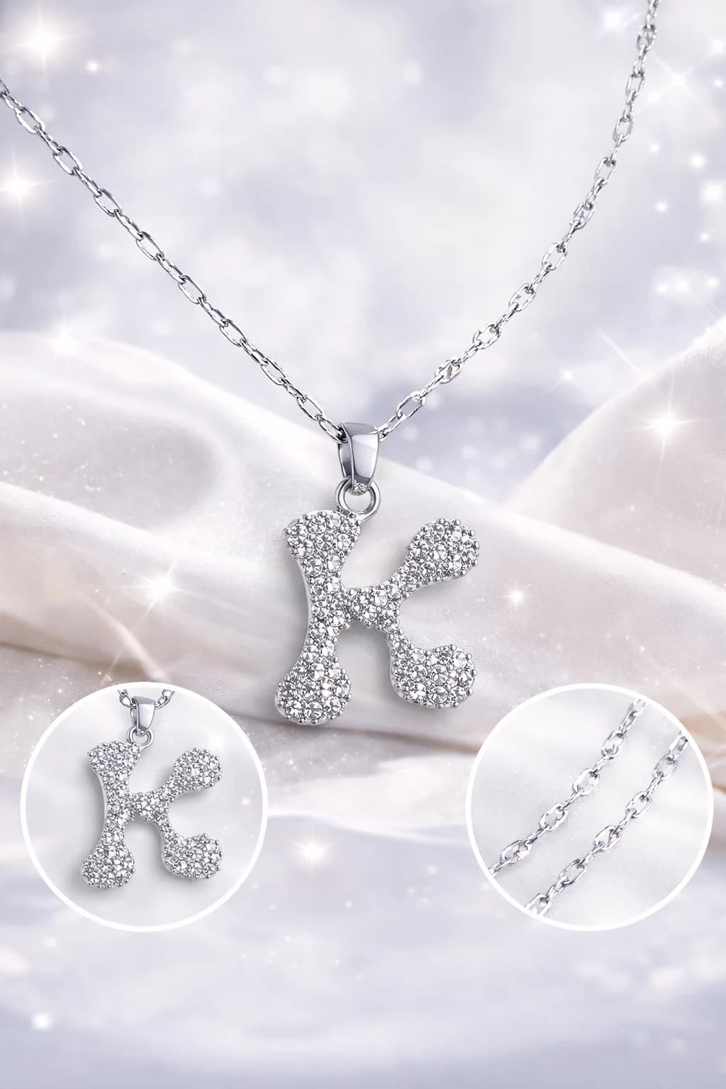 Çelik Gümüş Renk Taşlı Harf Kolye K