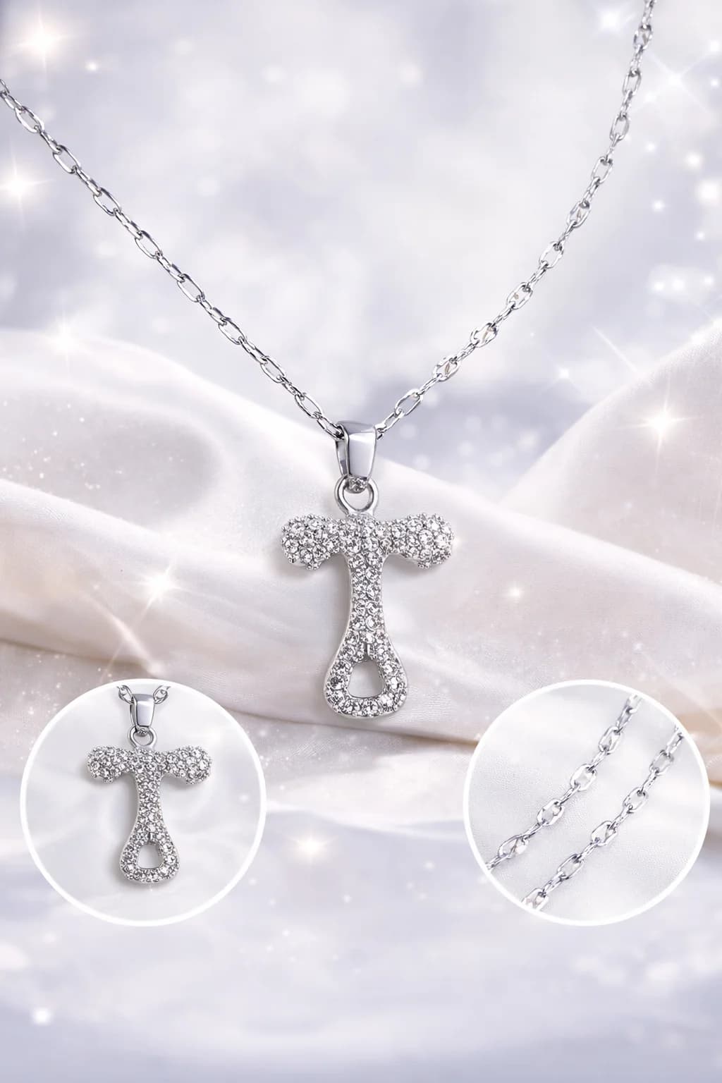 Çelik Gümüş Renk Taşlı Harf Kolye T