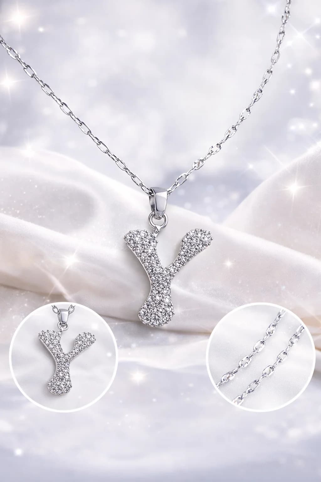 Çelik Gümüş Renk Taşlı Harf Kolye Y