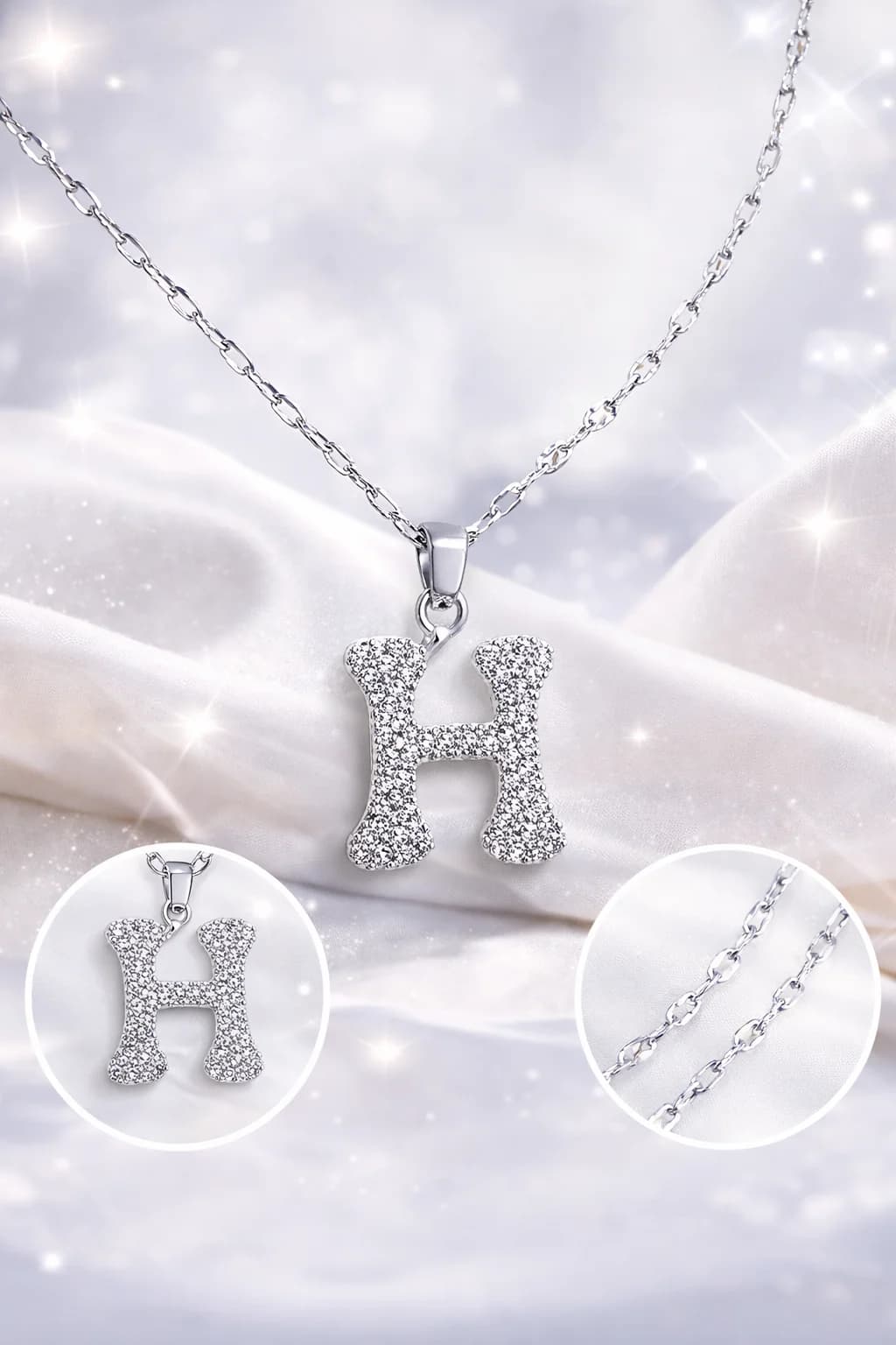 Çelik Gümüş Renk Taşlı Harf Kolye H