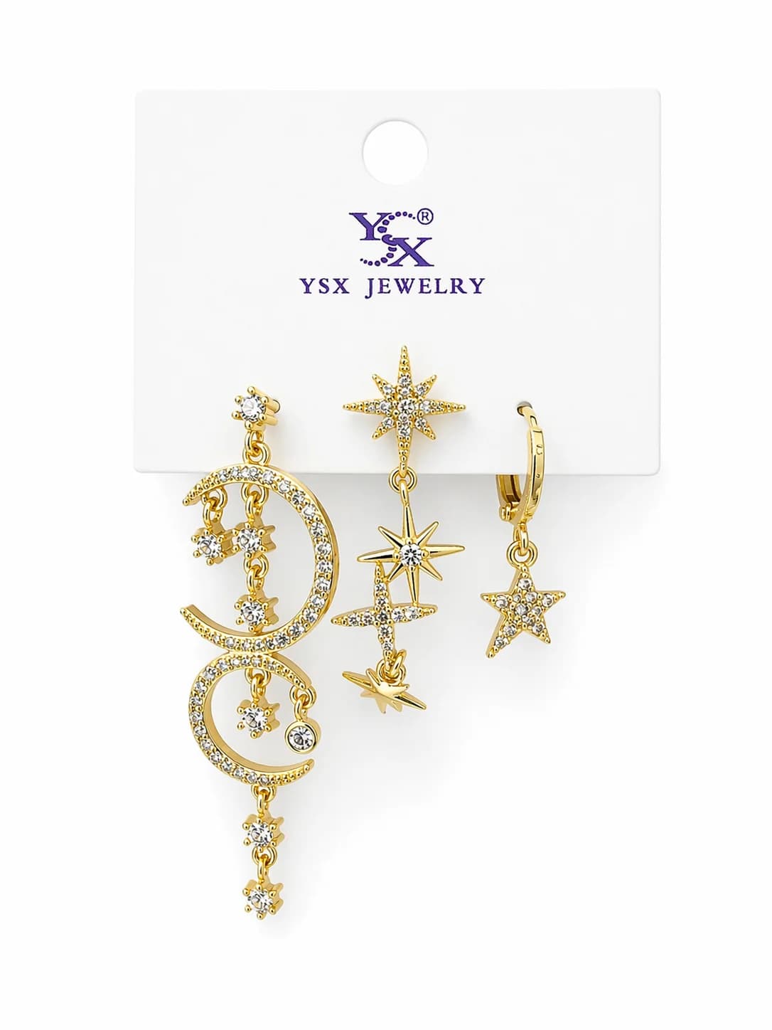 14K YSX Altın Kaplama Ay Yıldız Detaylı 3’lü Küpe Seti