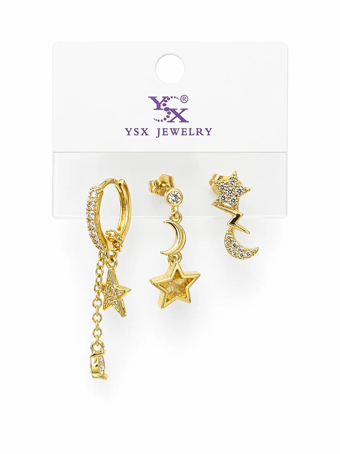 14K YSX Altın Kaplama Ay Yıldız Detaylı 3’lü Küpe Seti