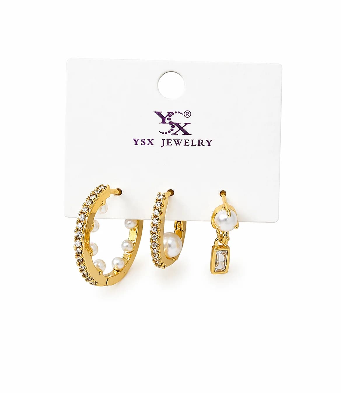 14K YSX Altın Kaplama Taş Detaylı 3’lü Küpe Seti