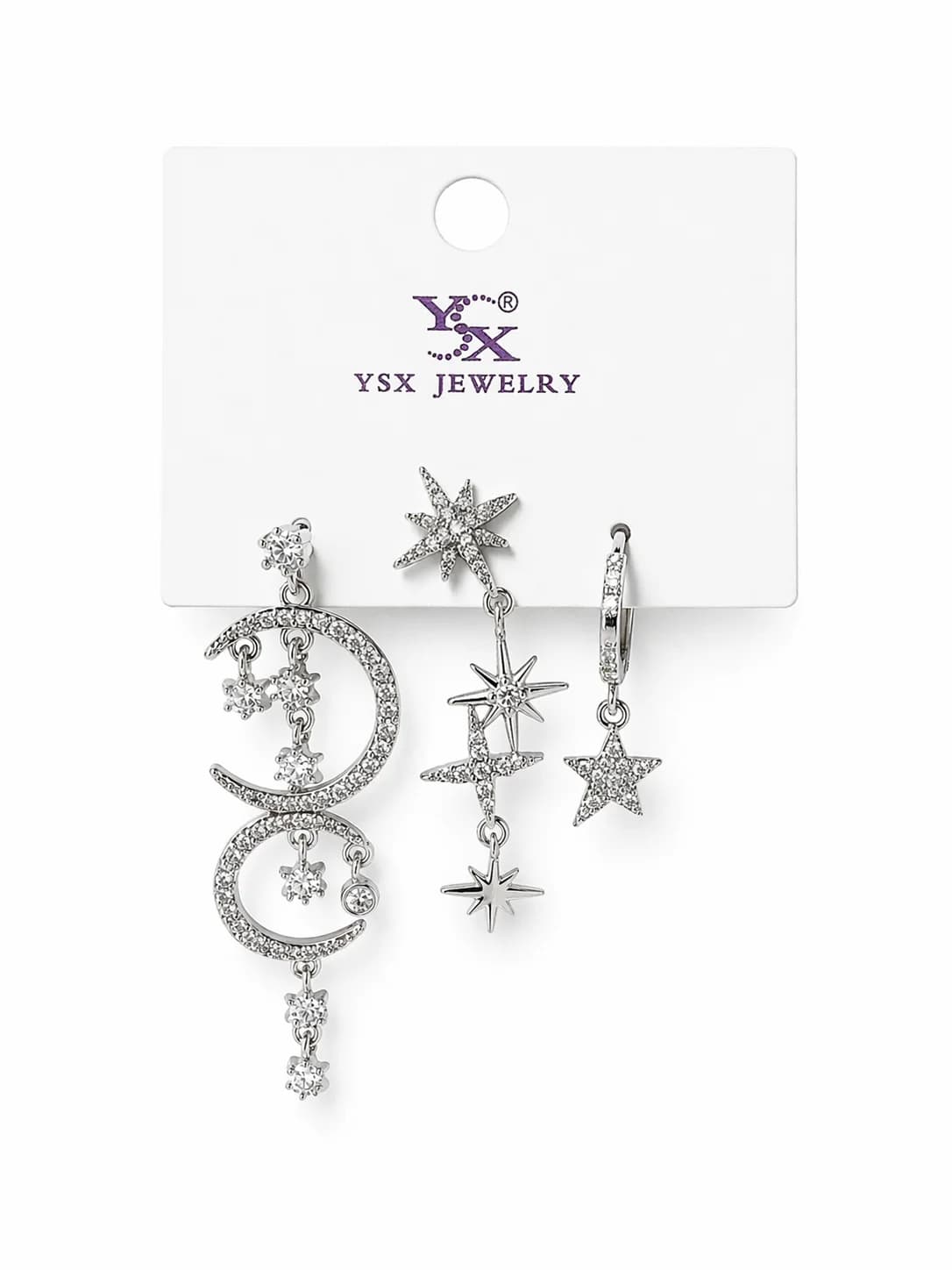 14K YSX Gümüş Renk Ay Yıldız Detaylı 3’lü Küpe Seti