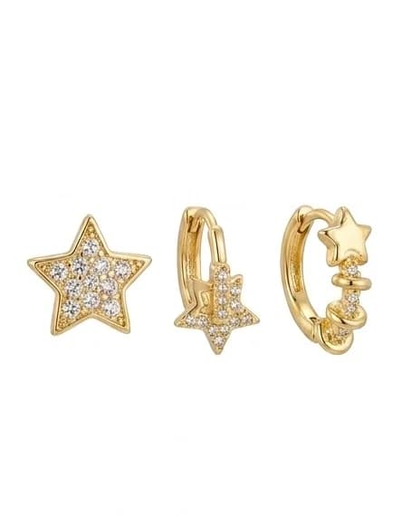14K YSX Altın Kaplama Yıldız 3'lü Küpe Seti