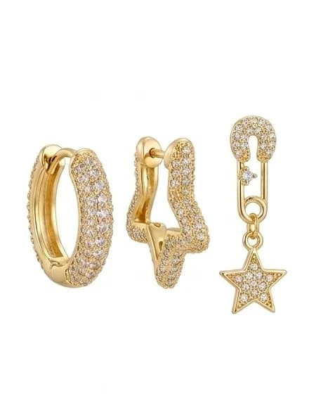 14K YSX Altın Kapalama Taşlı Yıldız Detaylı 3'lü Küpe Seti