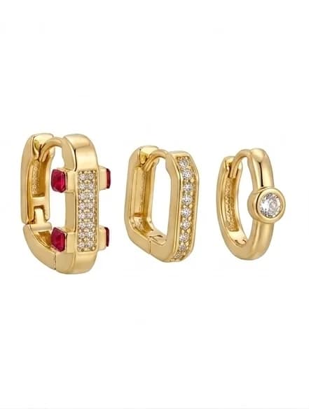 14K YSX Altın Kaplama Taş Detaylı 3'lü Küpe Seti