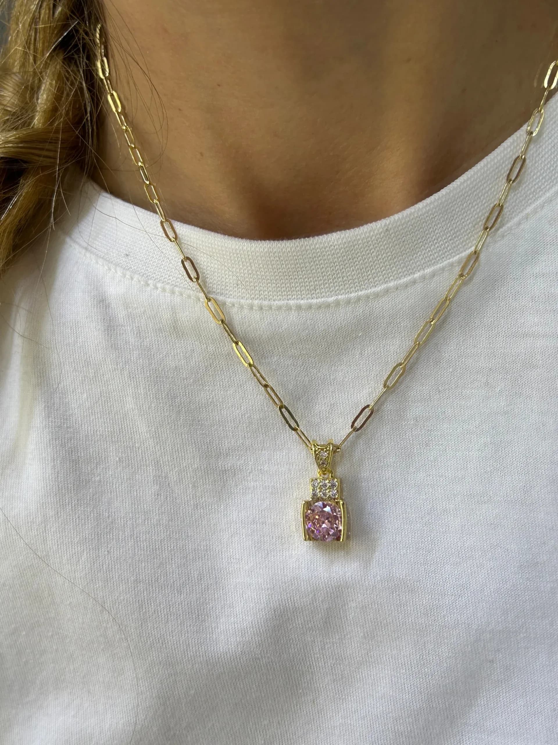 Çelik Ataç Zincir  Pembe Baget Taşlı Kolye