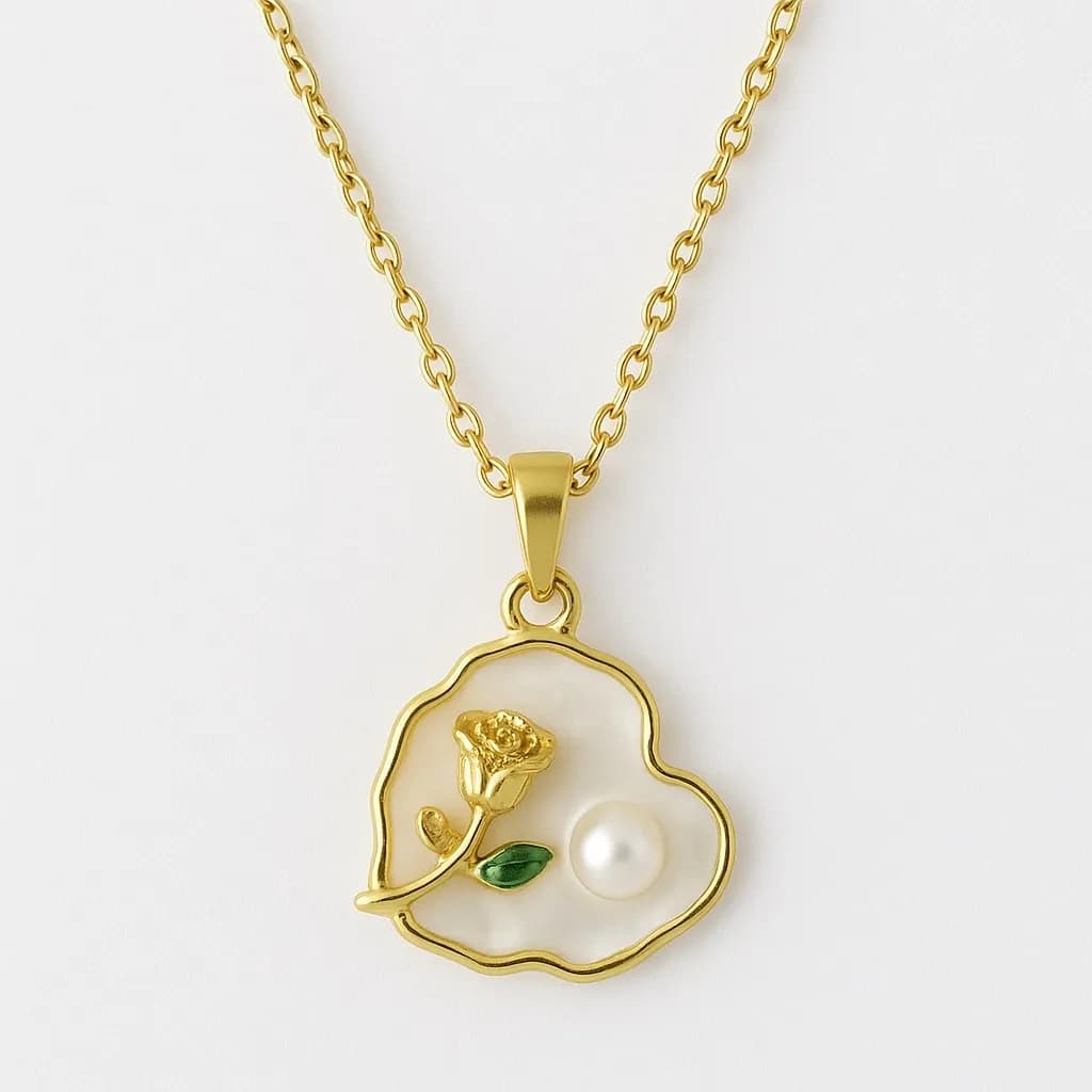 Çelik Beyaz Kalp Vintage Çiçek Kolye