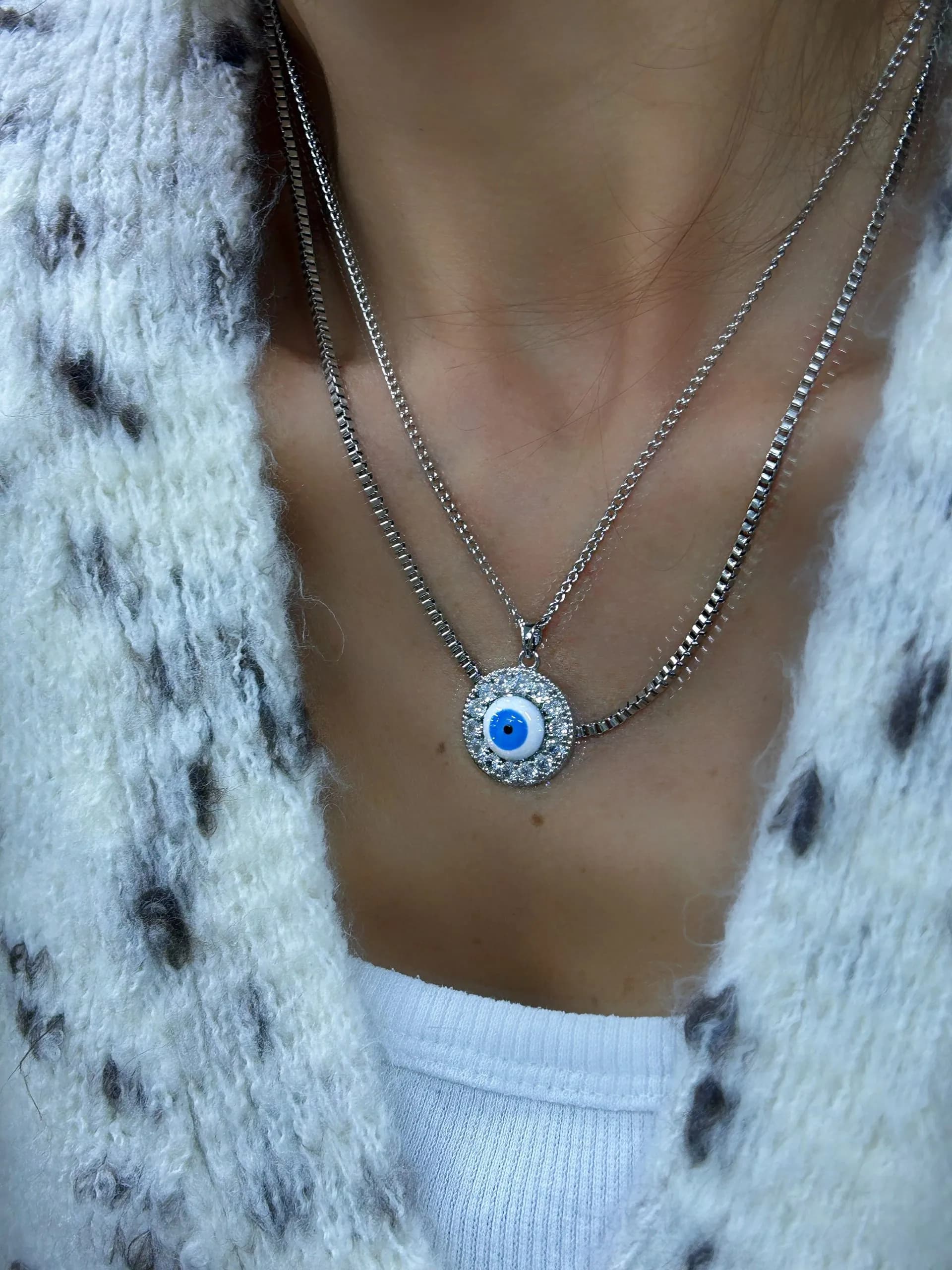 Çelik Gümüş Renk 2li Göz Charm Kolye