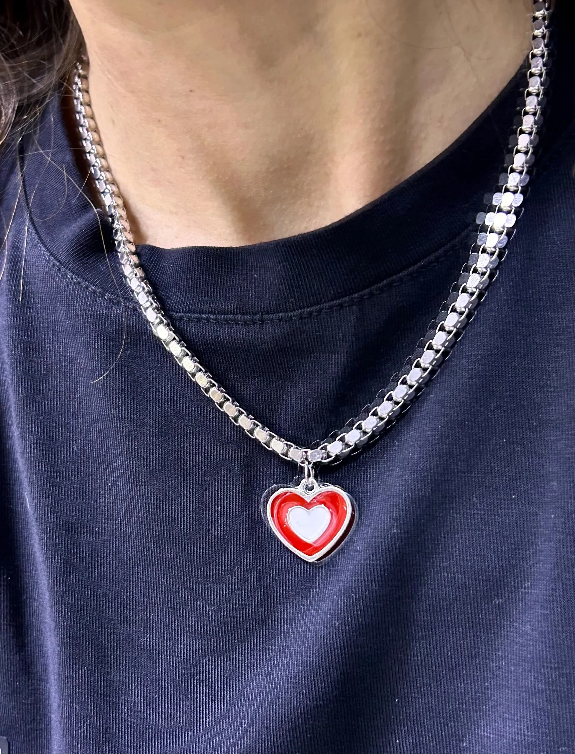 Çelik Gümüş Renk Kalın Zincir Kırmızı Kalp Kolye
