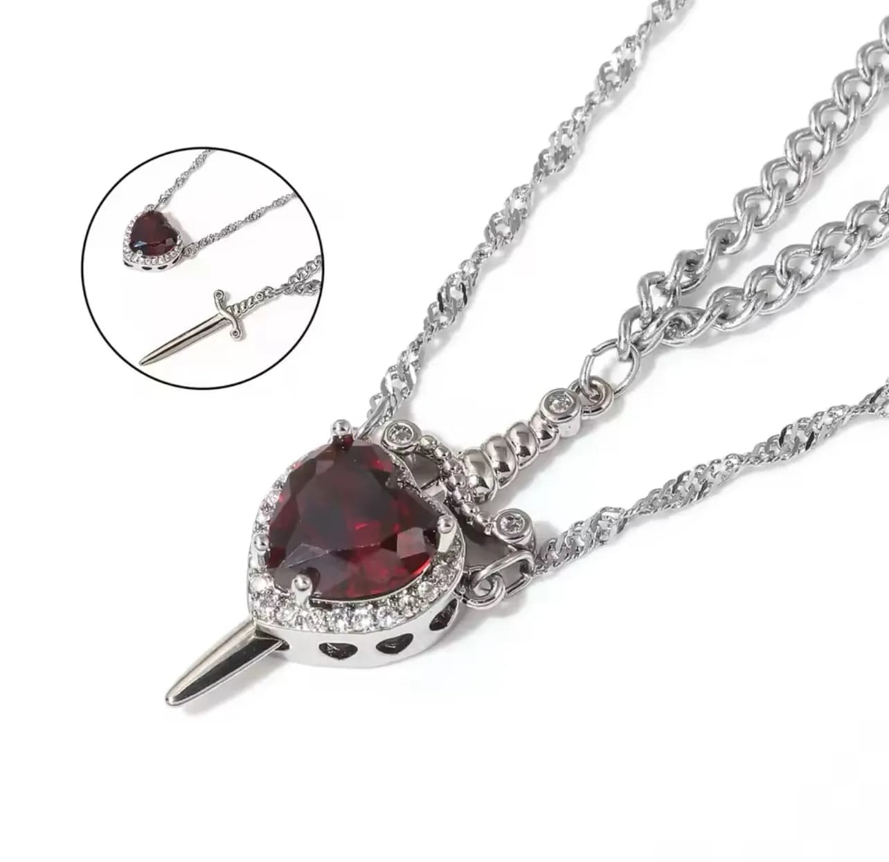 Çelik Gümüş Renk Kalp Kılıç Çift Kolye