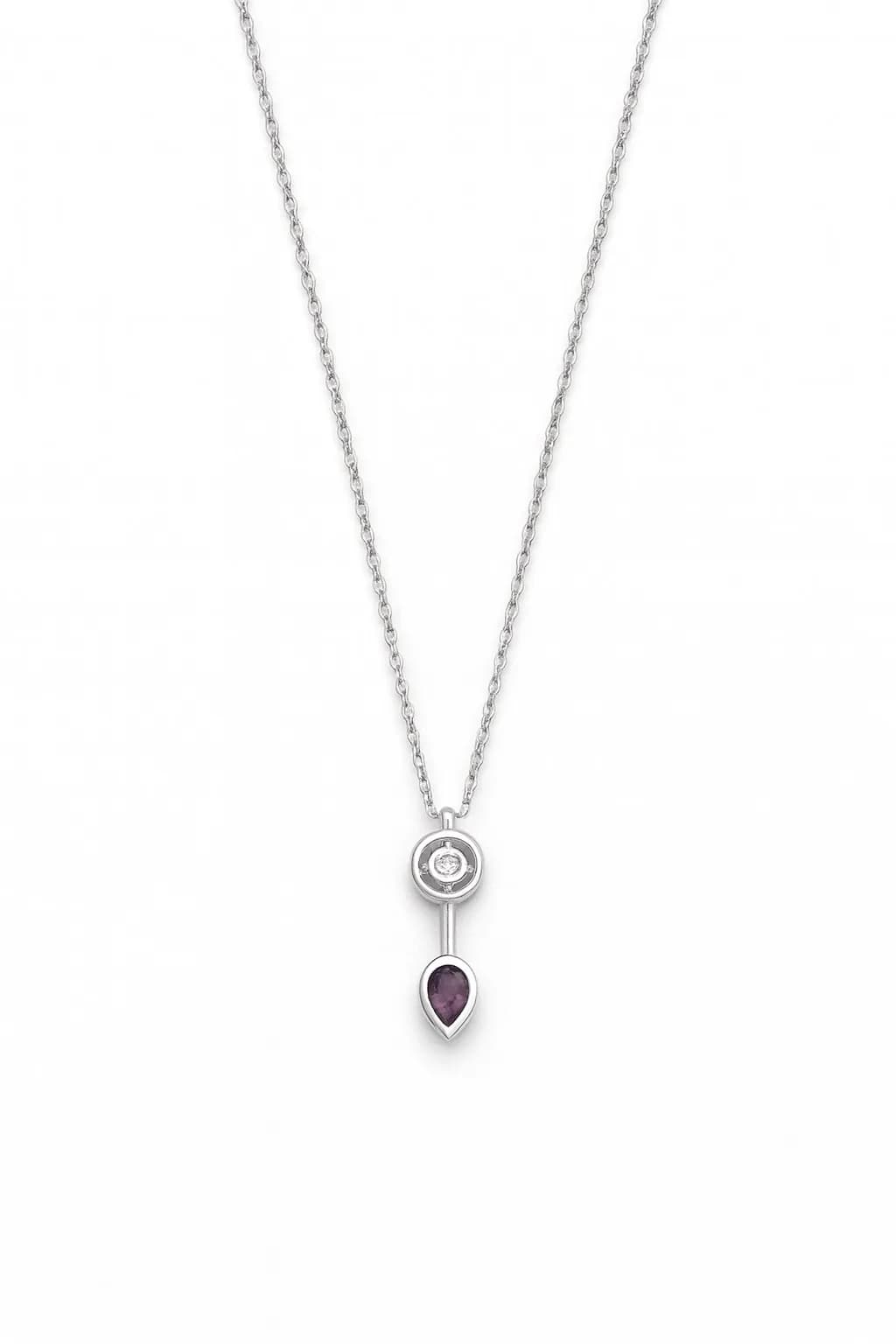 Çelik Gümüş Renk Mor Taş Kolye