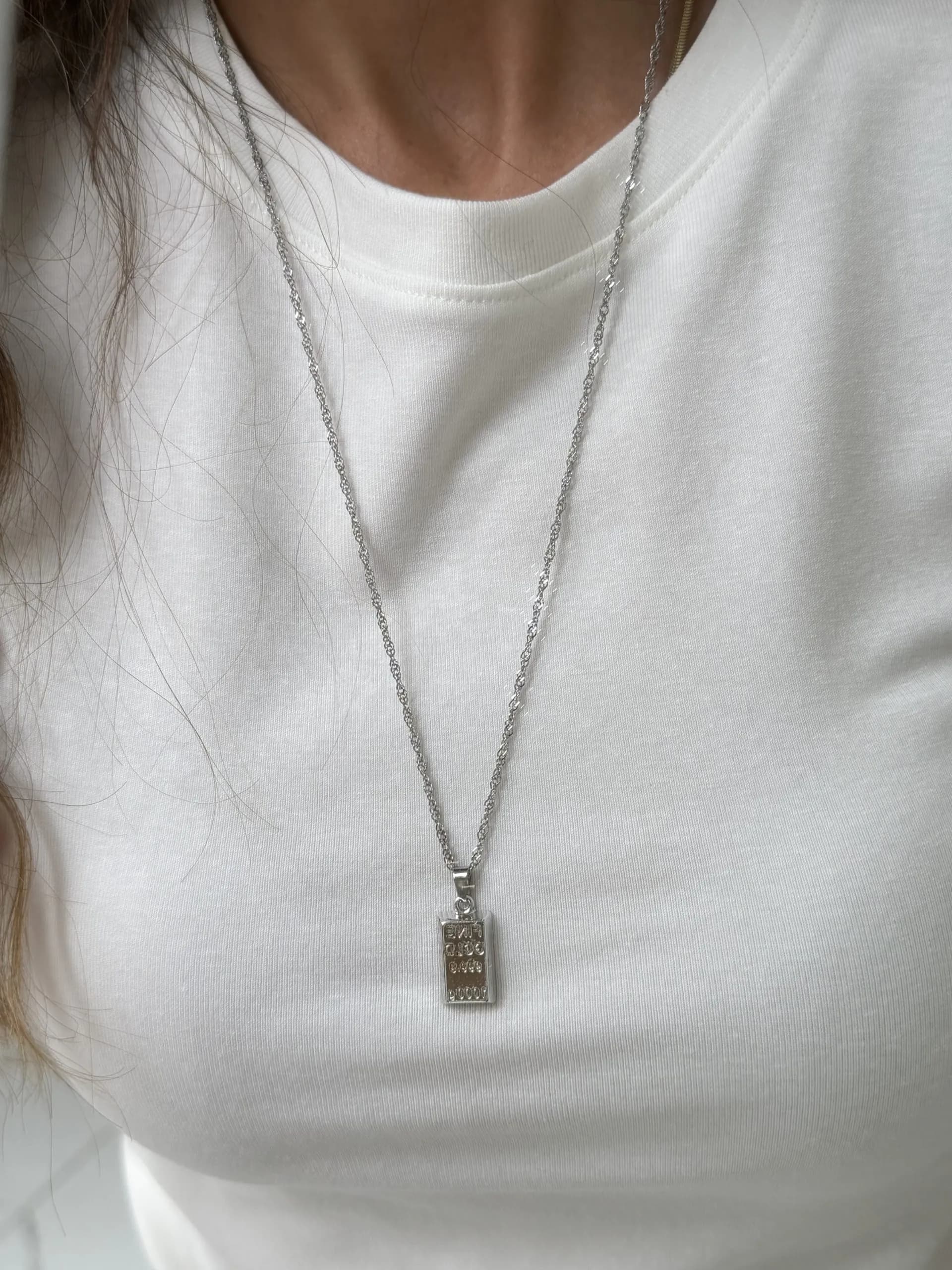 Çelik Gümüş Renk Uzun 60 cm Külçe Kolye