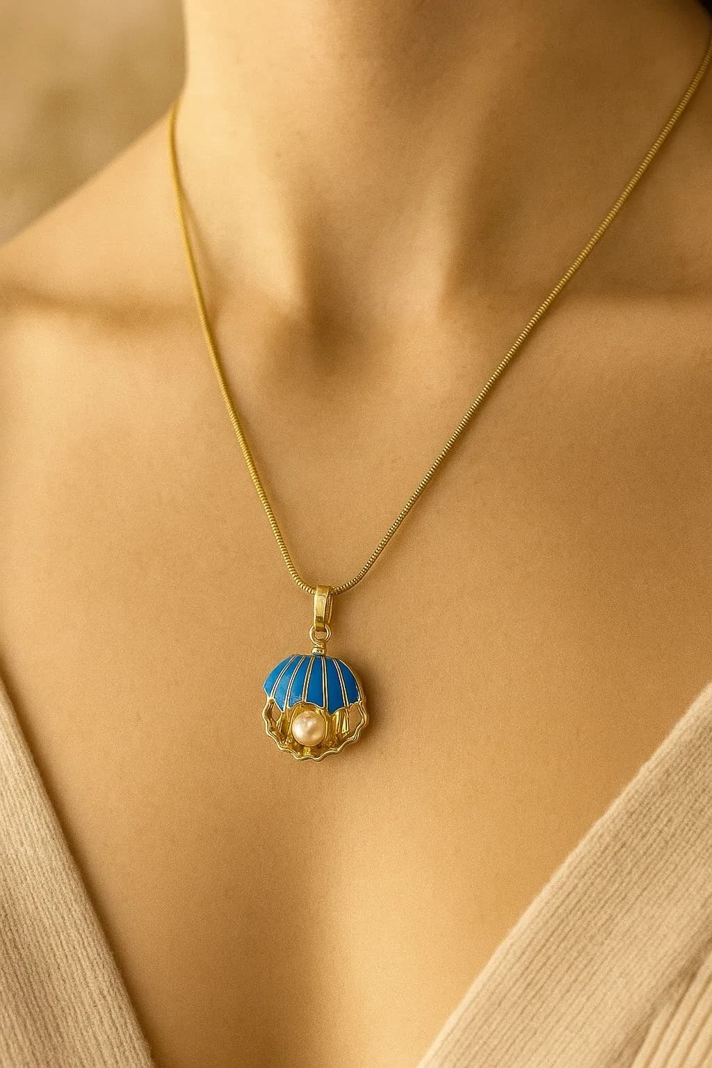 Çelik Mavi İstiridye İnci Kolye