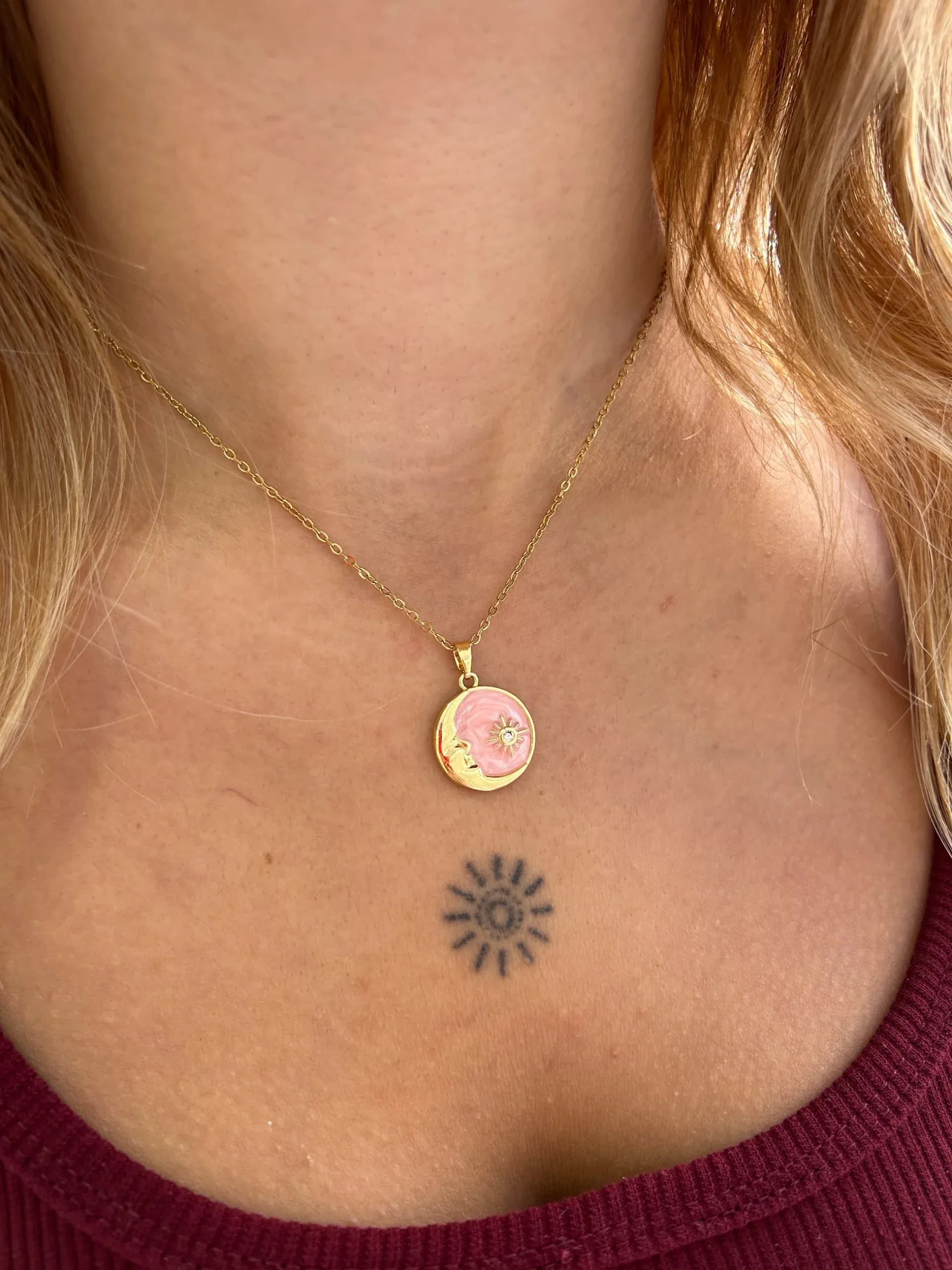 Çelik Pembe Ay Gece Kolye