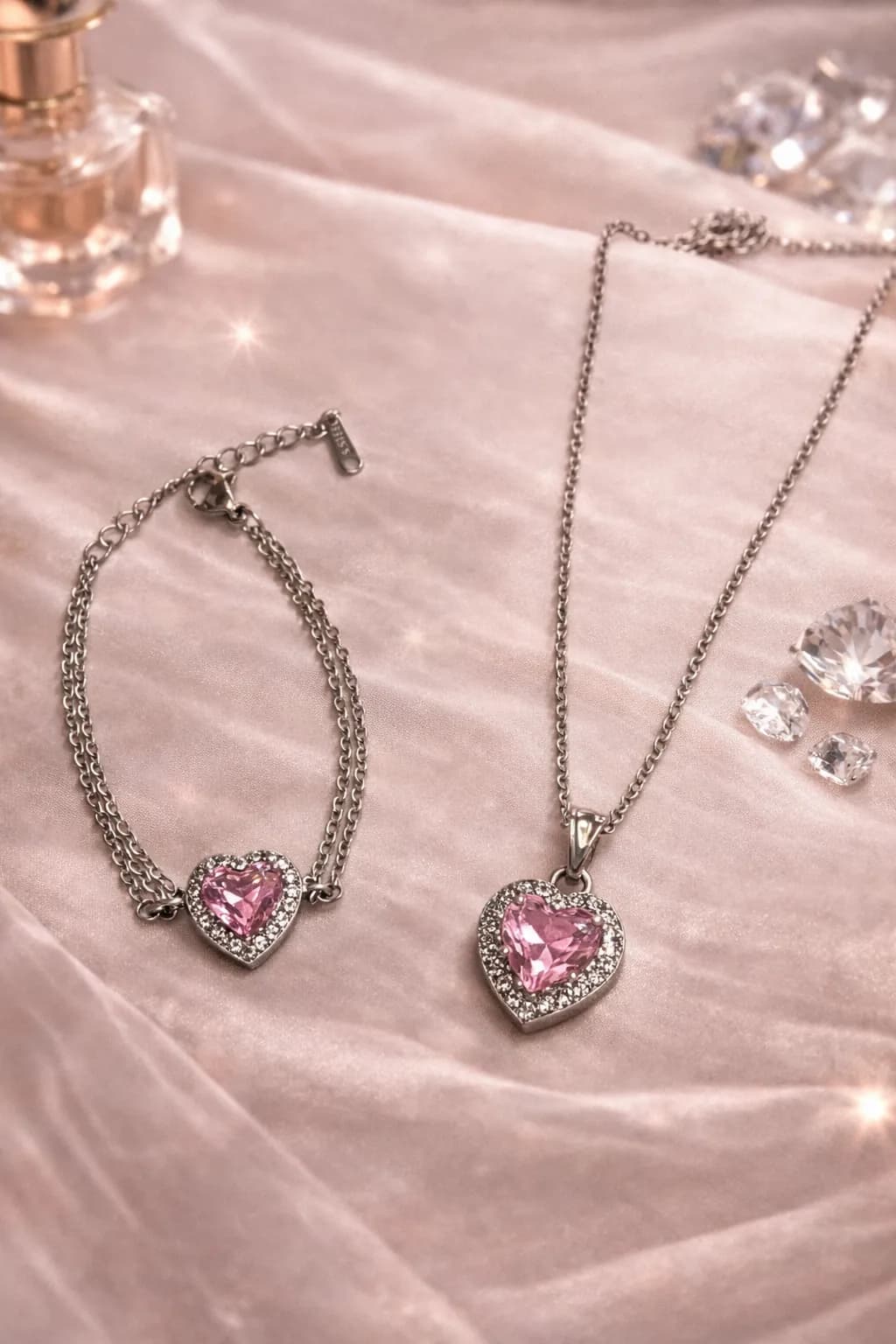 Çelik Pembe Kalp Kolye Bileklik Set