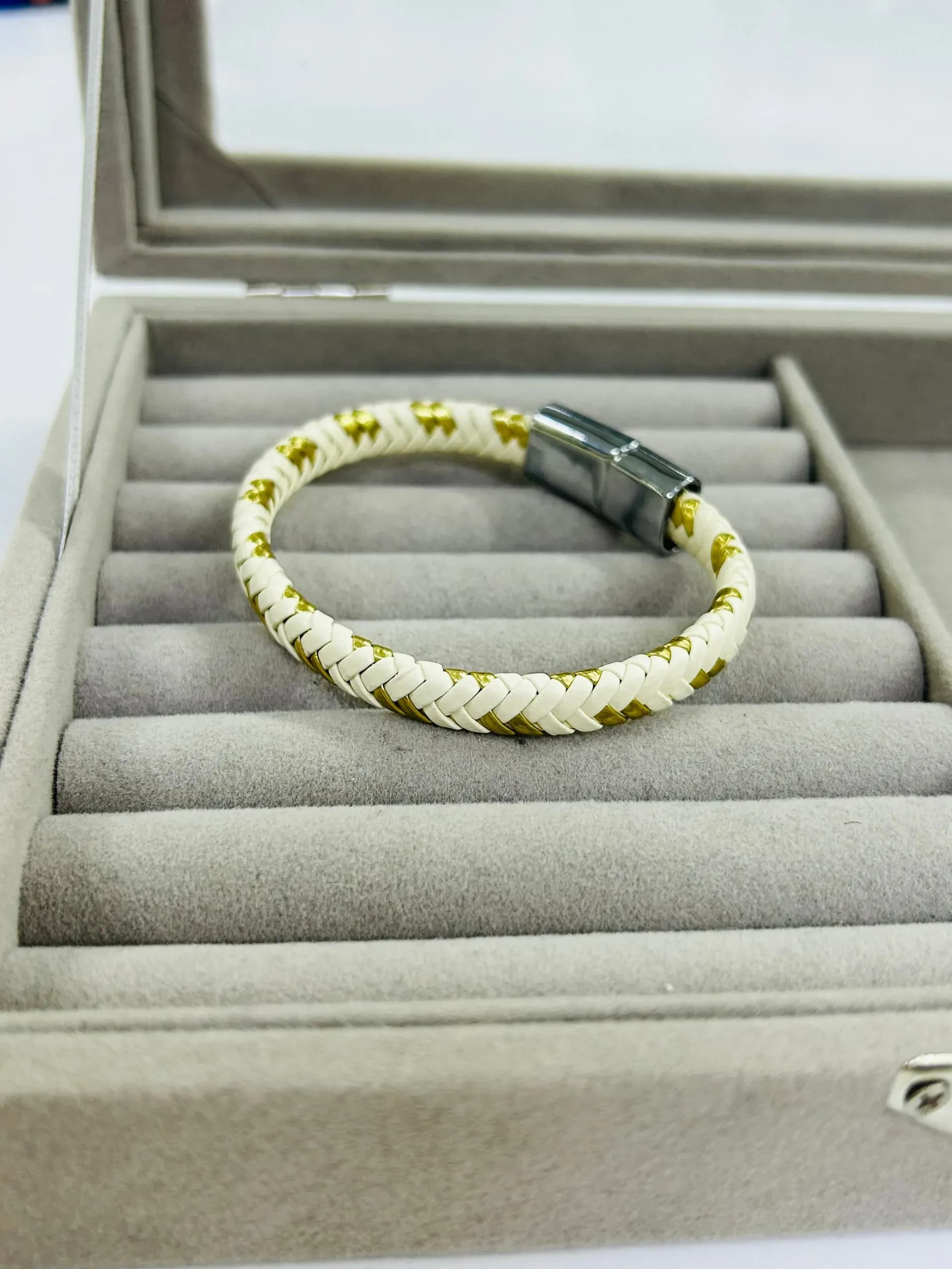 Erkek Krem/Gold Deri Bileklik