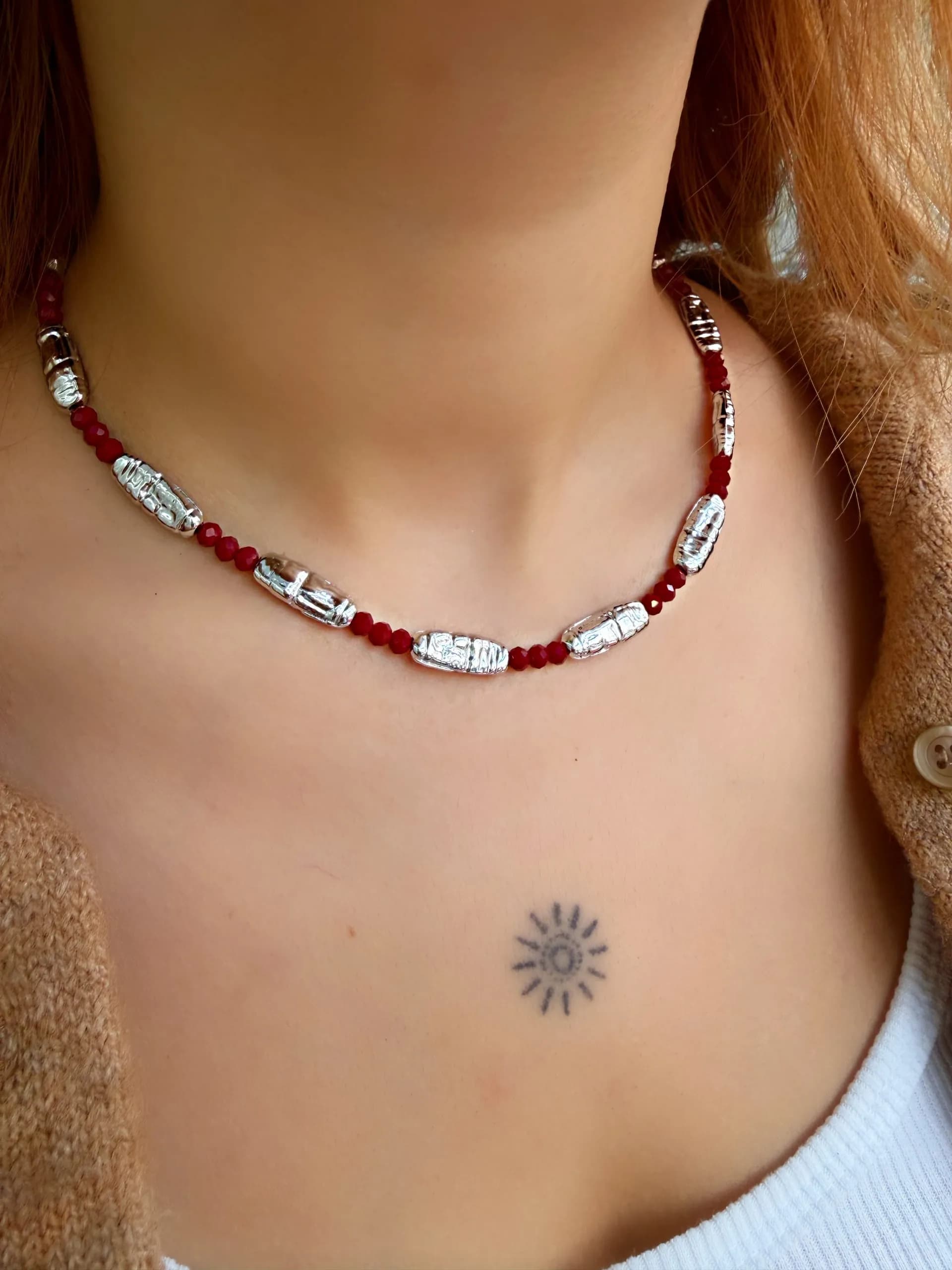 Vip Bordo Kristal Gümüş Kemik Kolye