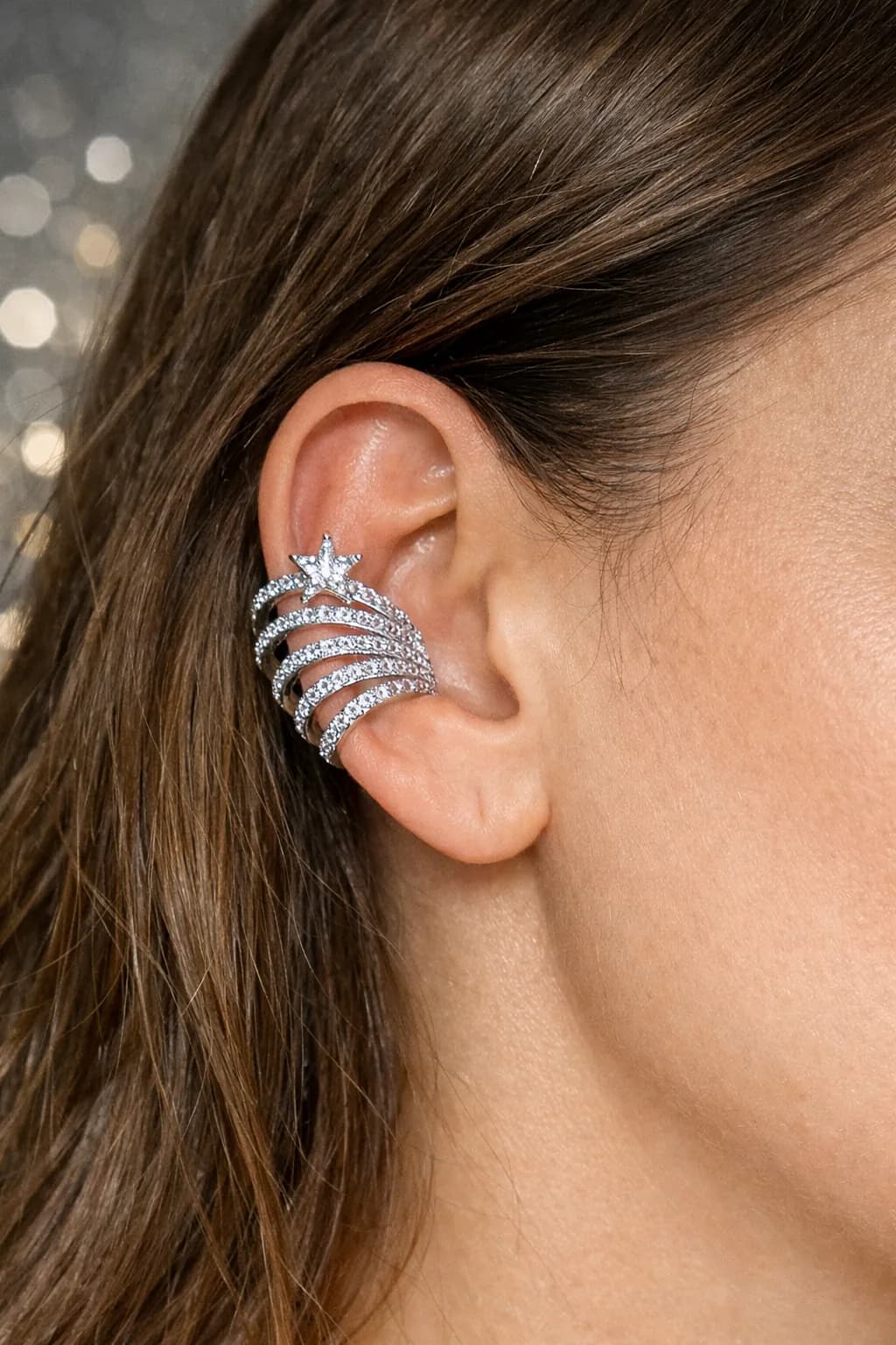 Yıldızlı Gümüş Renk Taşlı Earcuff