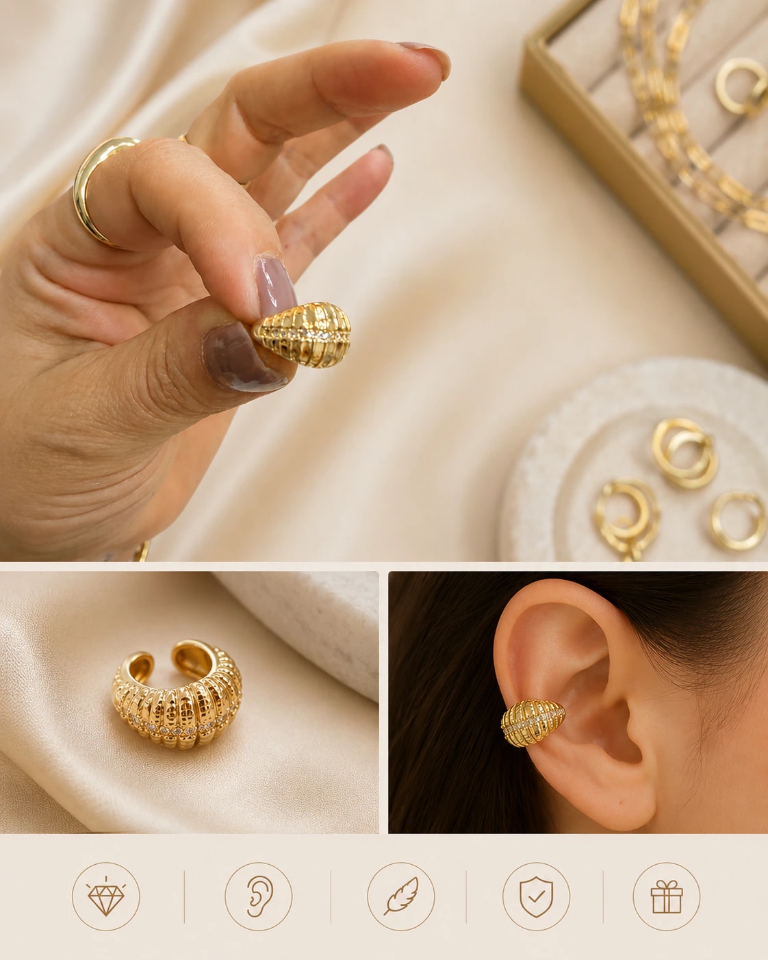 14K Altın Kaplama CM Earcuff Kbk Kıkırdak Küpe