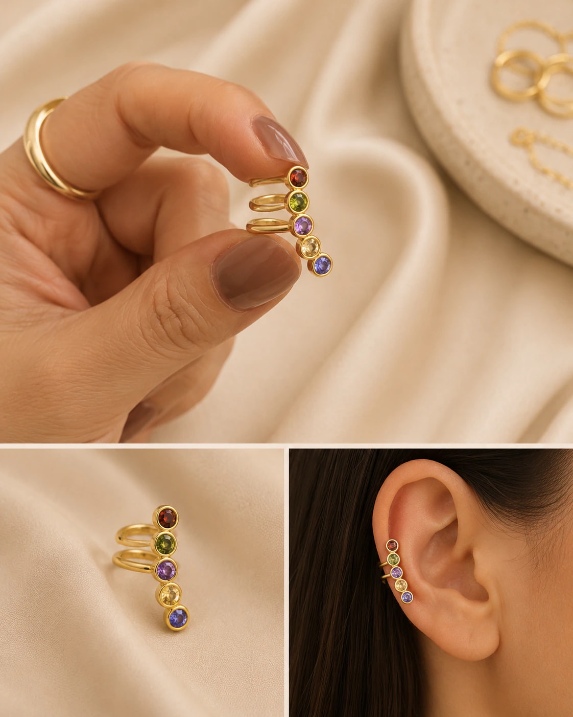 14K Altın Kaplama CM Earcuff Renkli Kıkırdak Küpe