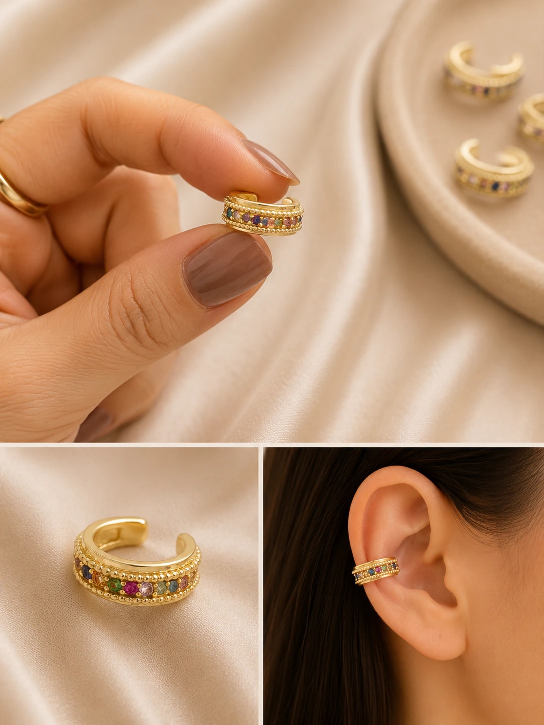 14K Altın Kaplama CM Earcuff Mini Renkli Kıkırdak Küpe