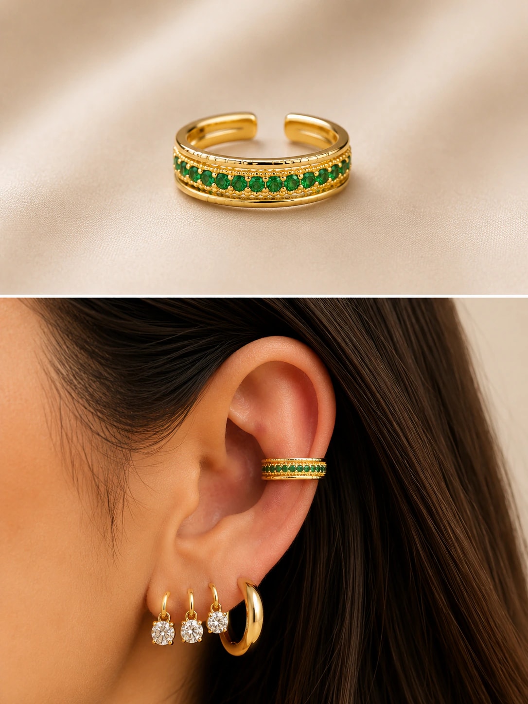 14K Altın Kaplama CM Earcuff Yeşil Taş Kıkırdak Küpe