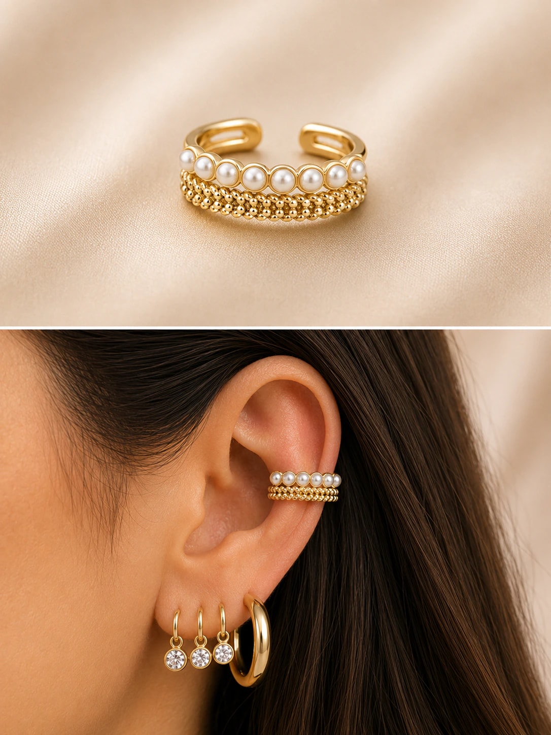 14K Altın Kaplama CM Earcuff Topcuk İnciKıkırdak Küpe