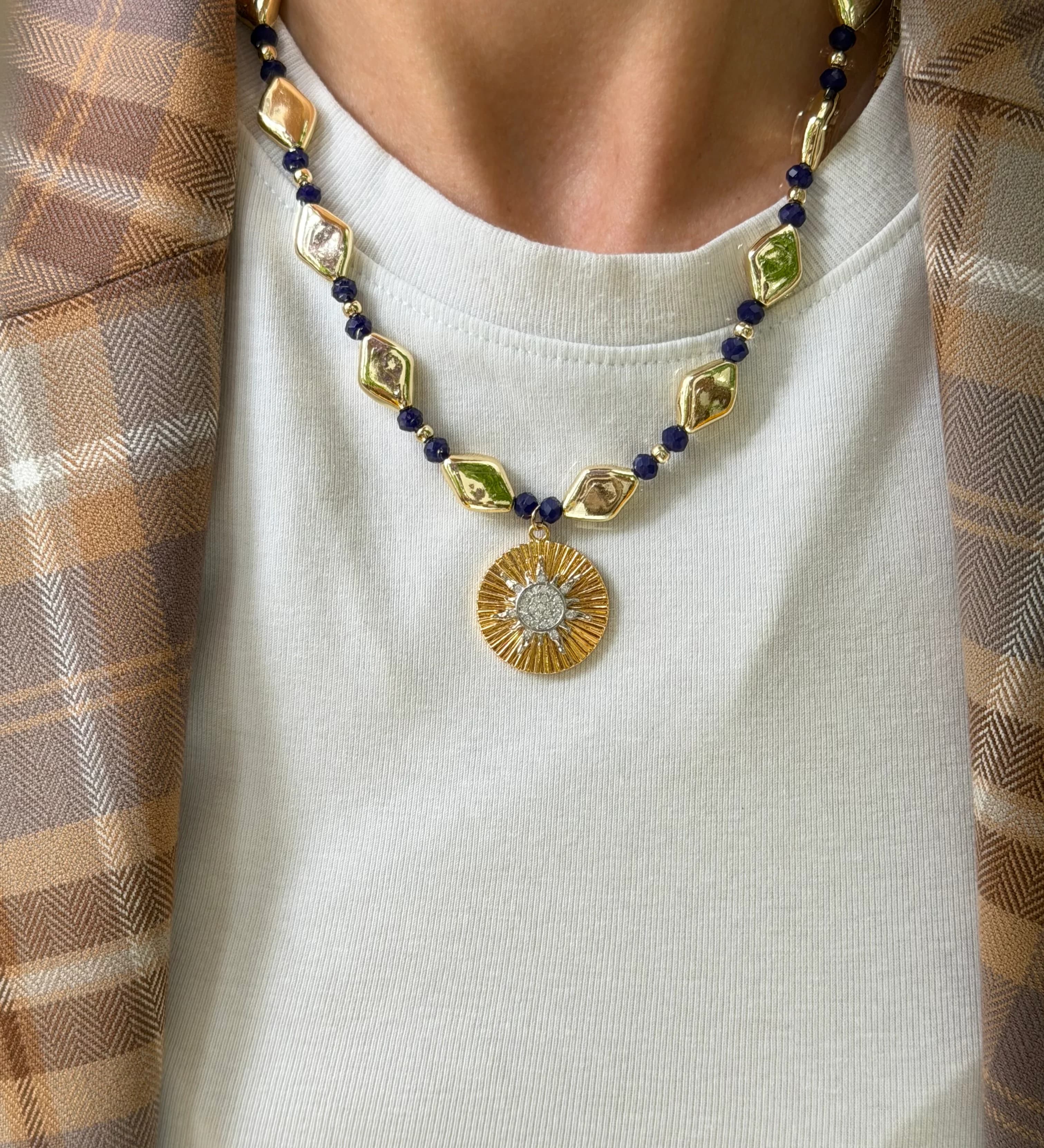 Vip Saks Mavi Güneş Taşlı Tasarım Kolye