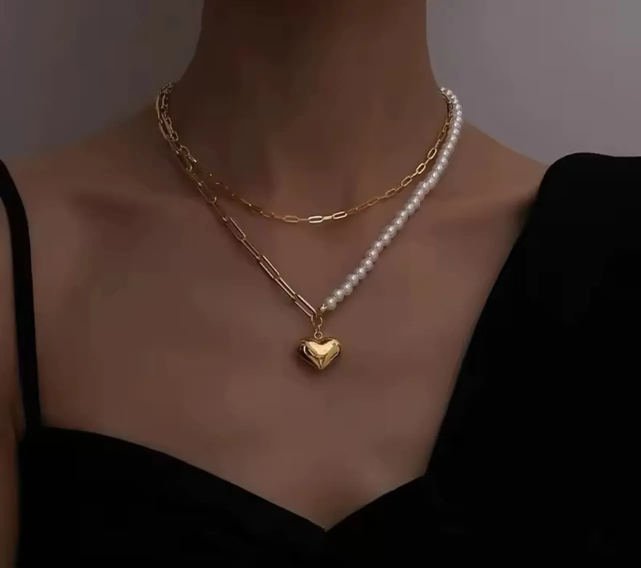 Vip İncili Zincir Tasarım Kalp Kolye