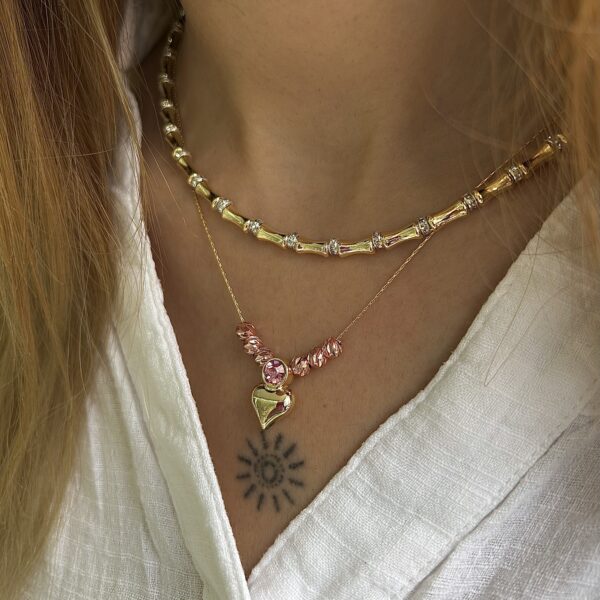 Vip 2 Lİ Taşlı Kalp Kolye Pembe