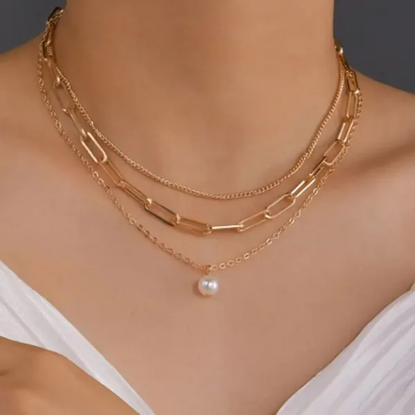 3 lü Gold Zincir İnci Detay Kolye Seti