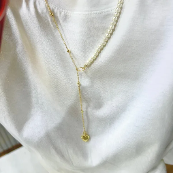 Vip İncili Tasarım Sallantılı Kalp Kolye