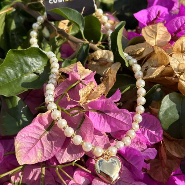 İnci Kalp Uçlu Sıra Taş Kolye