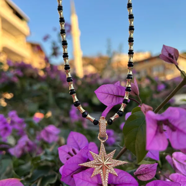 Vip Siyah Kristal Taş Kuzey Yıldızı Bohem Charm Kolye