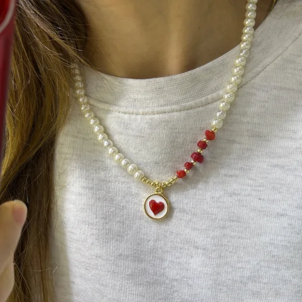 Cam İnci Mercan Taş Kırmızı Kalp Kolye