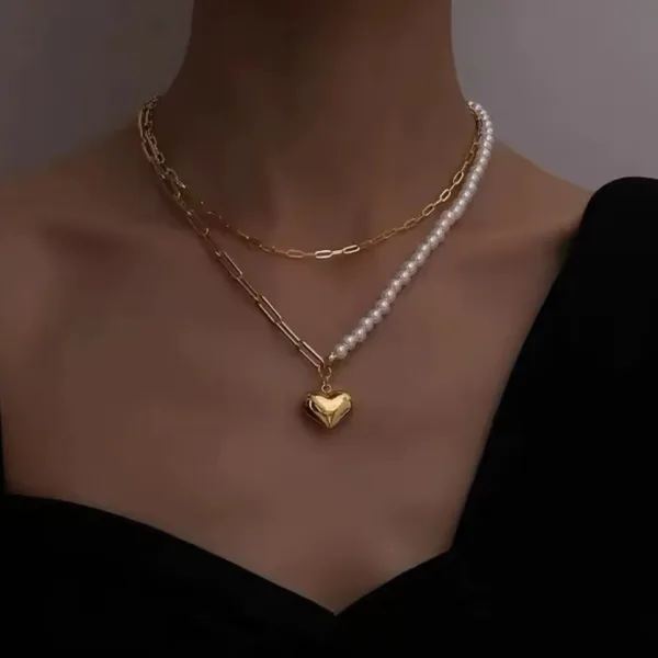 Vip İncili Zincir Tasarım Kalp Kolye