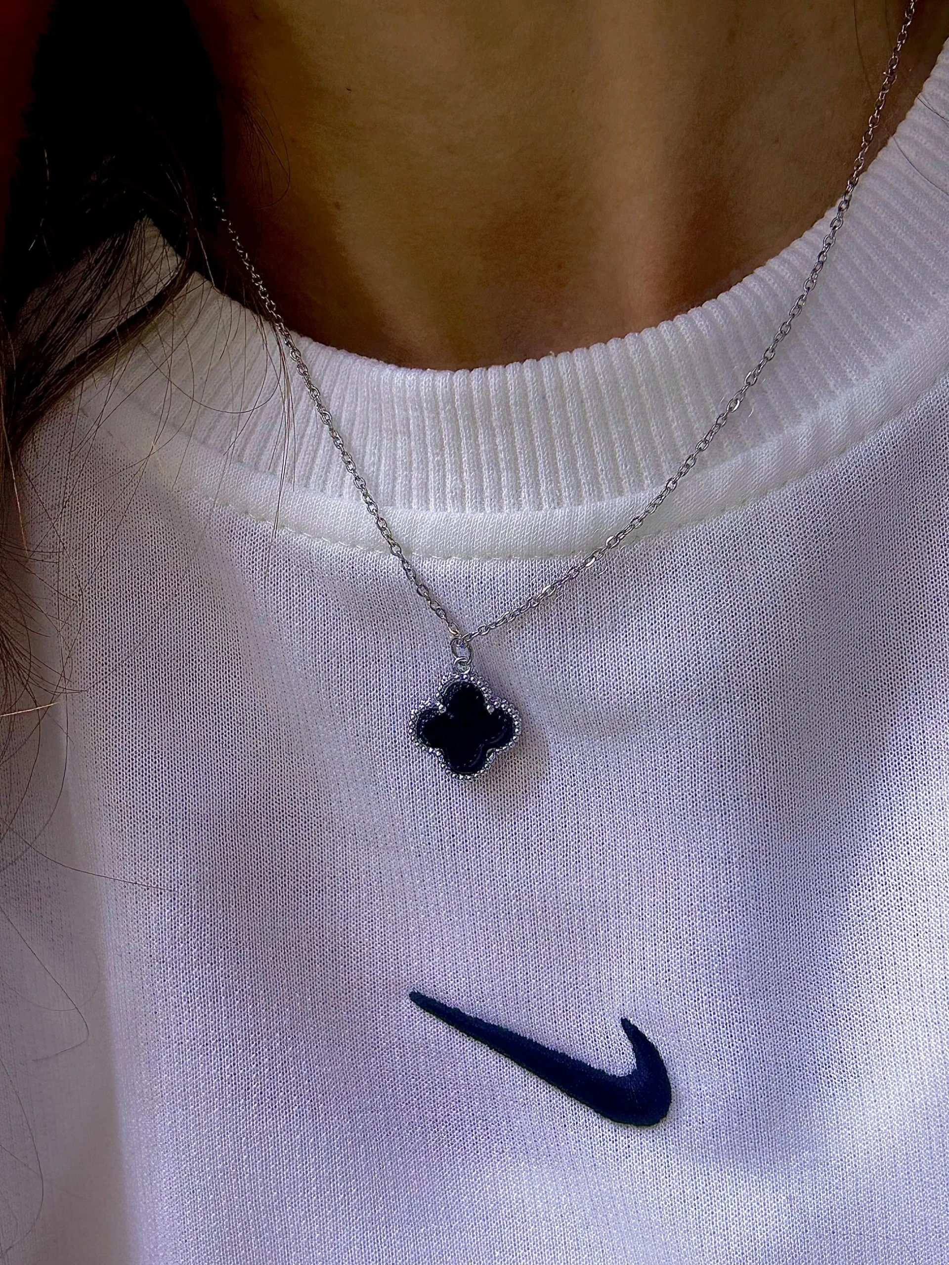 image_1950 Çelik Gümüş Renk Siyah Cef Yonca Kolye - Görsel 1