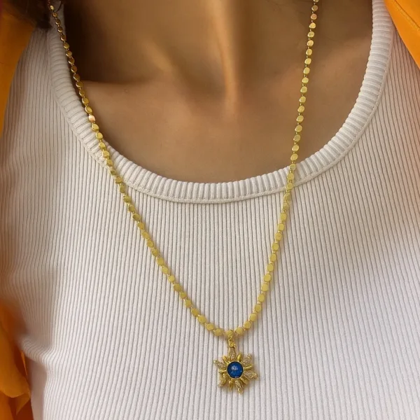 Altın Kaplama Pul Zincir Taşlı Güneş Kolye