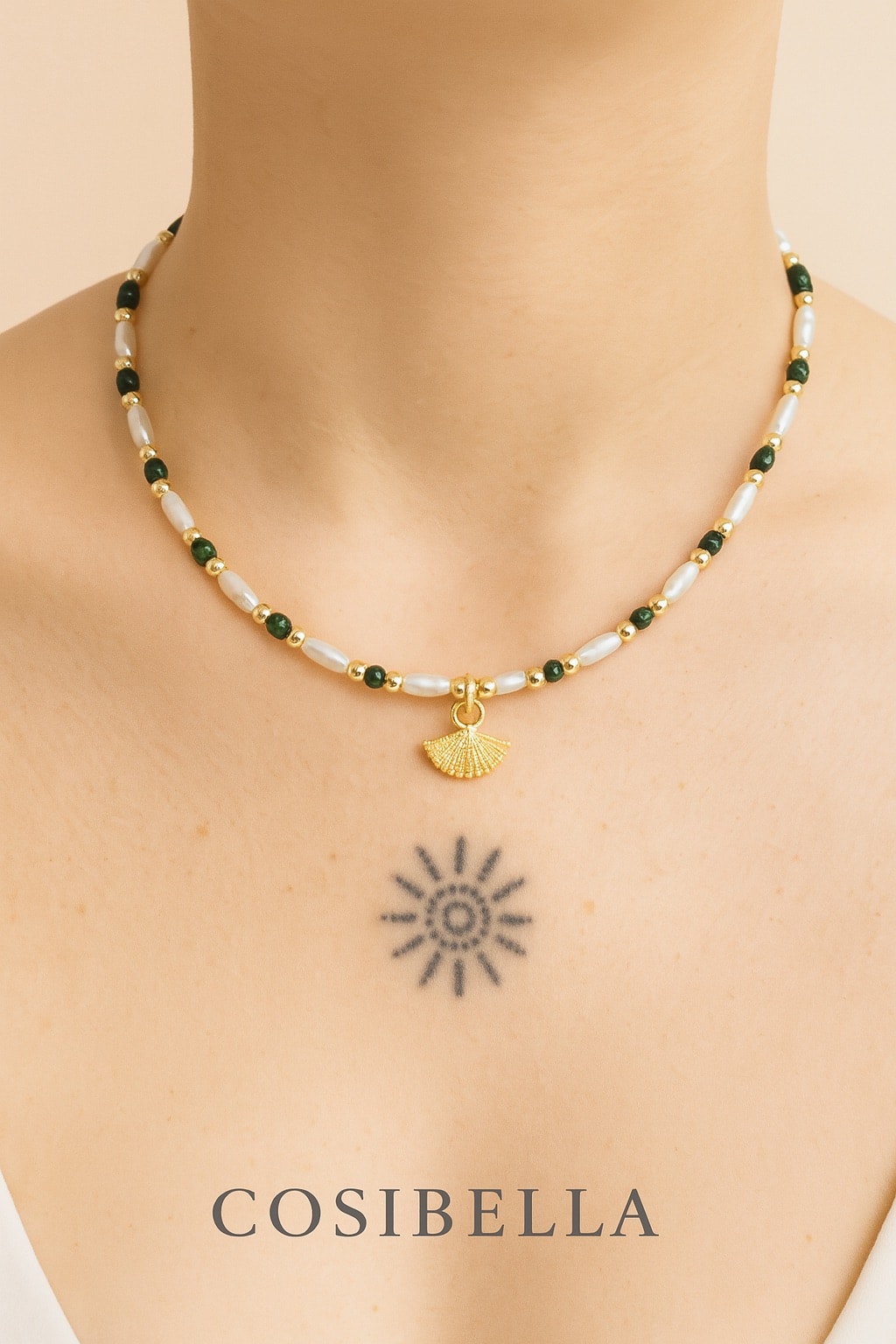 image_1950 Vip Uzun İnci Yeşil Detay Yelpaze Rüya Kolye - Görsel 1