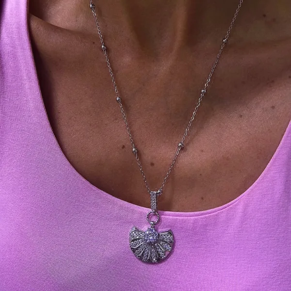 Çelik Gümüş Renk Top Zincir Charm Taşlı Kolye